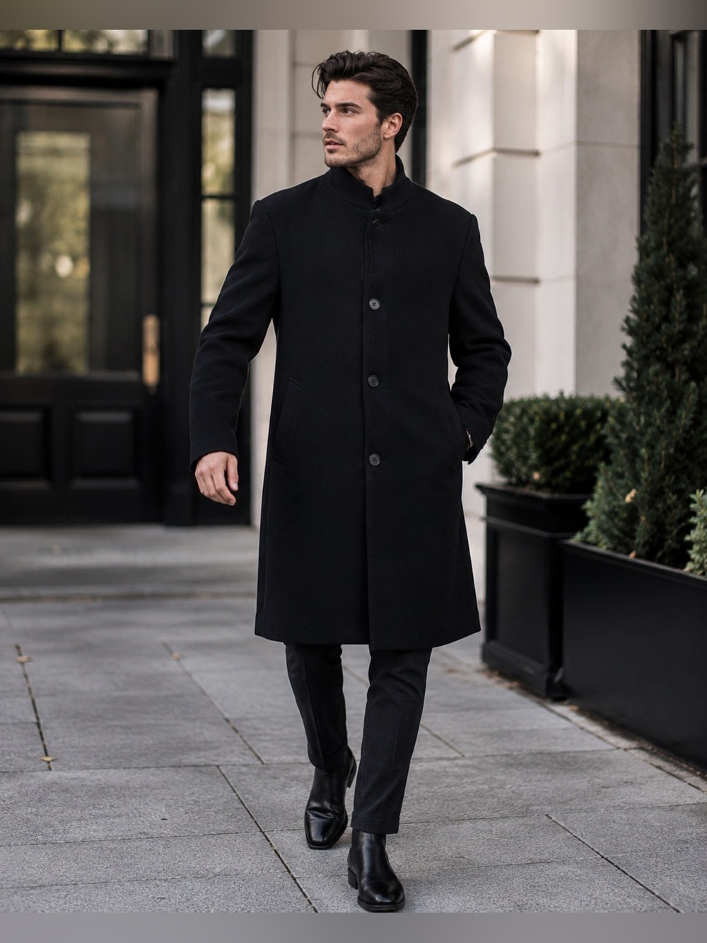 Men’s Black Wool Blend Mandarin Collar Overcoat Long Jacket Minimalist